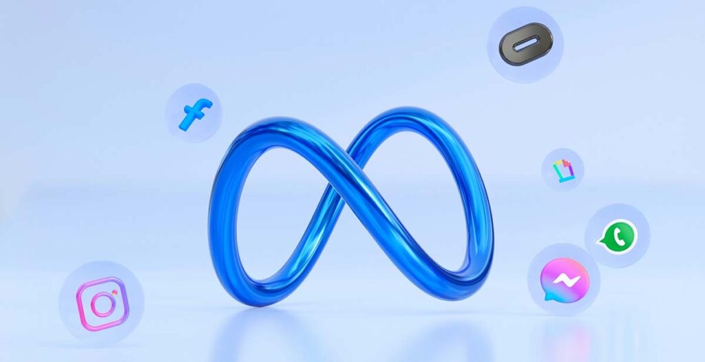 Metas logotyp på monter på en handelsmässa – bolaget planerar att automatisera merparten av sina produktriskbedömningar med AI
