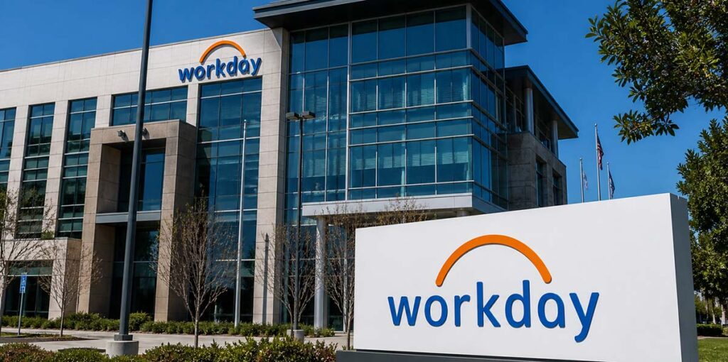 Workdays logotyp på kontorsbyggnad i Pleasanton, Kalifornien – HR-programvaruföretaget stäms för AI-diskriminering i rekryteringsprocessen