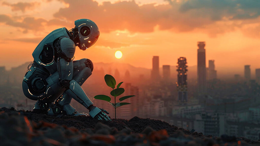 En humanoid robot betraktar en liten planta som gror ur jorden – illustration av AI som ersätter mänskliga arbetsroller och förändrar arbetsmarknaden