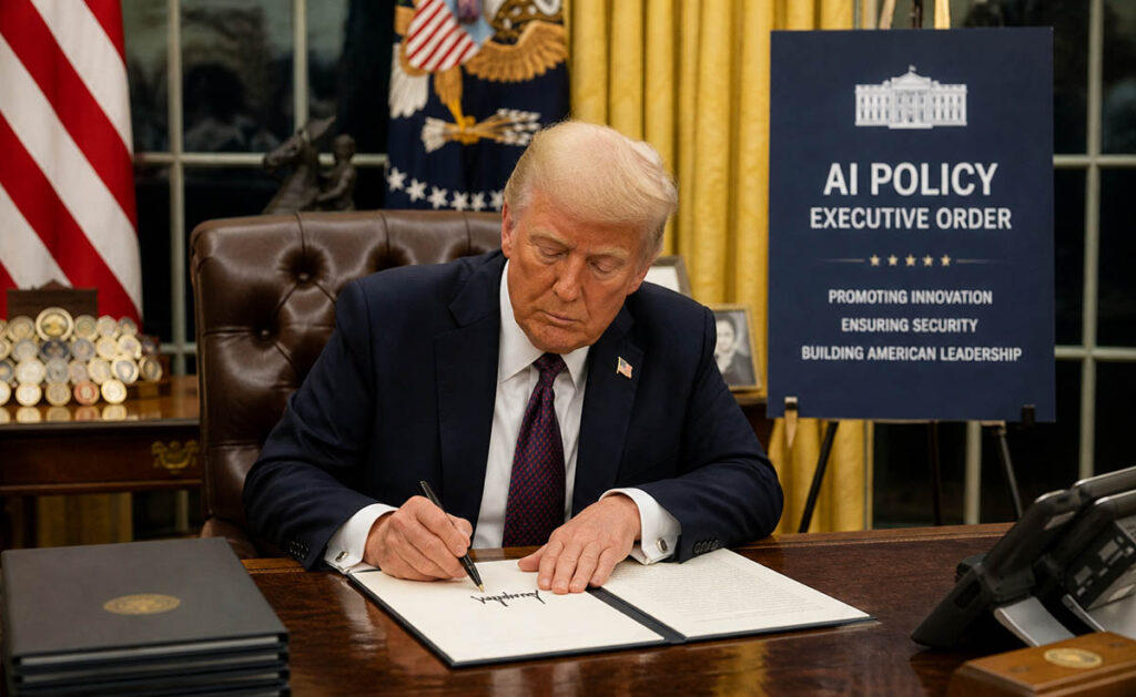 President Trump undertecknar ett executive order i Ovala rummet på Vita huset, med fokus på AI-politik och federal reglering